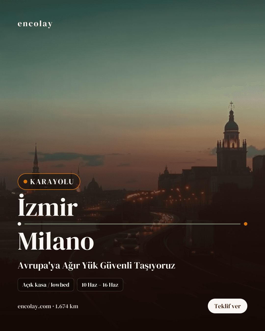 Boş araç: İzmir → Milano · Lowbed (ağır yük)